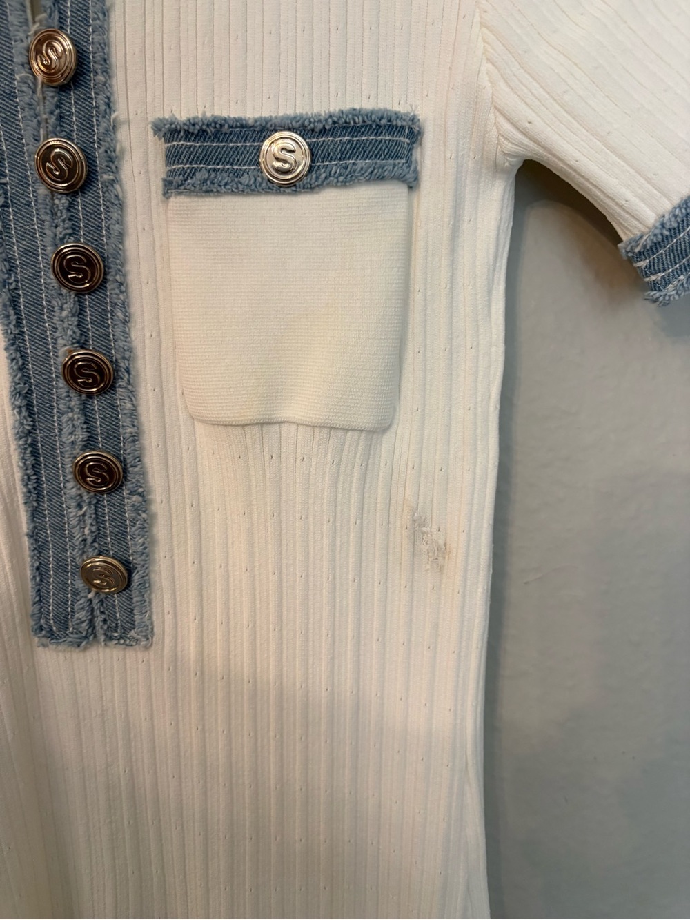 Sandro White Ribbed Knit Midi Dress with Denim Trim WITH FLAW - Picture 9 of 9